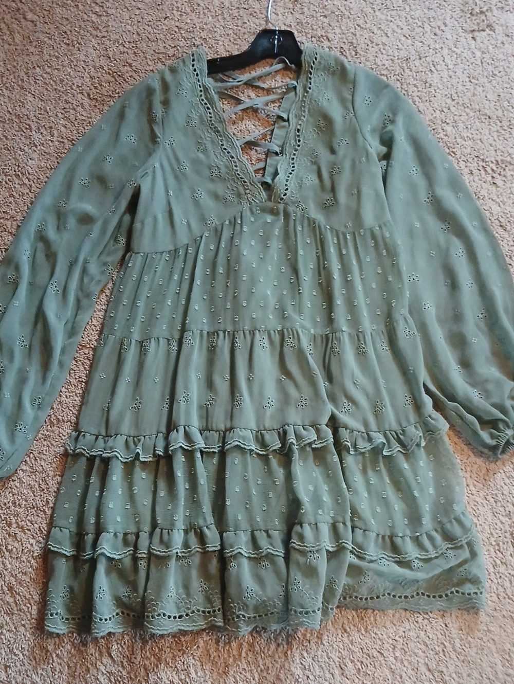 ✅️ ASOS Olive Green Lace-Up Eyelet Tiered Midi Dress Maternity